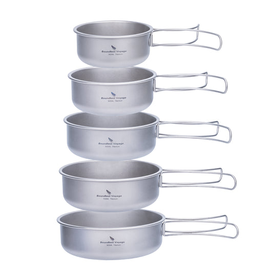 Boundless Voyage 5-Piece Titanium Bowl & Dish Set with Folding Handles – Ultralight Camping Tableware (350/500/600/700/800ml)