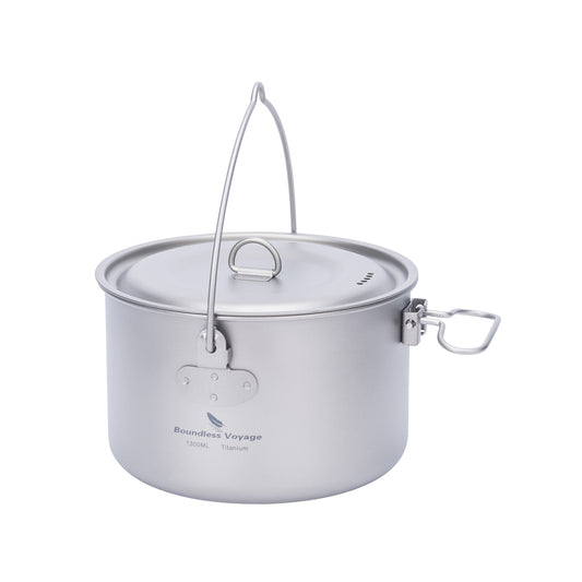 Boundless Voyage 1300ml TA1 Titanium Camping Pot with Lid – Ultralight Folding-Handle Cookware for Hiking, Picnic & Outdoor Soup Cooking
