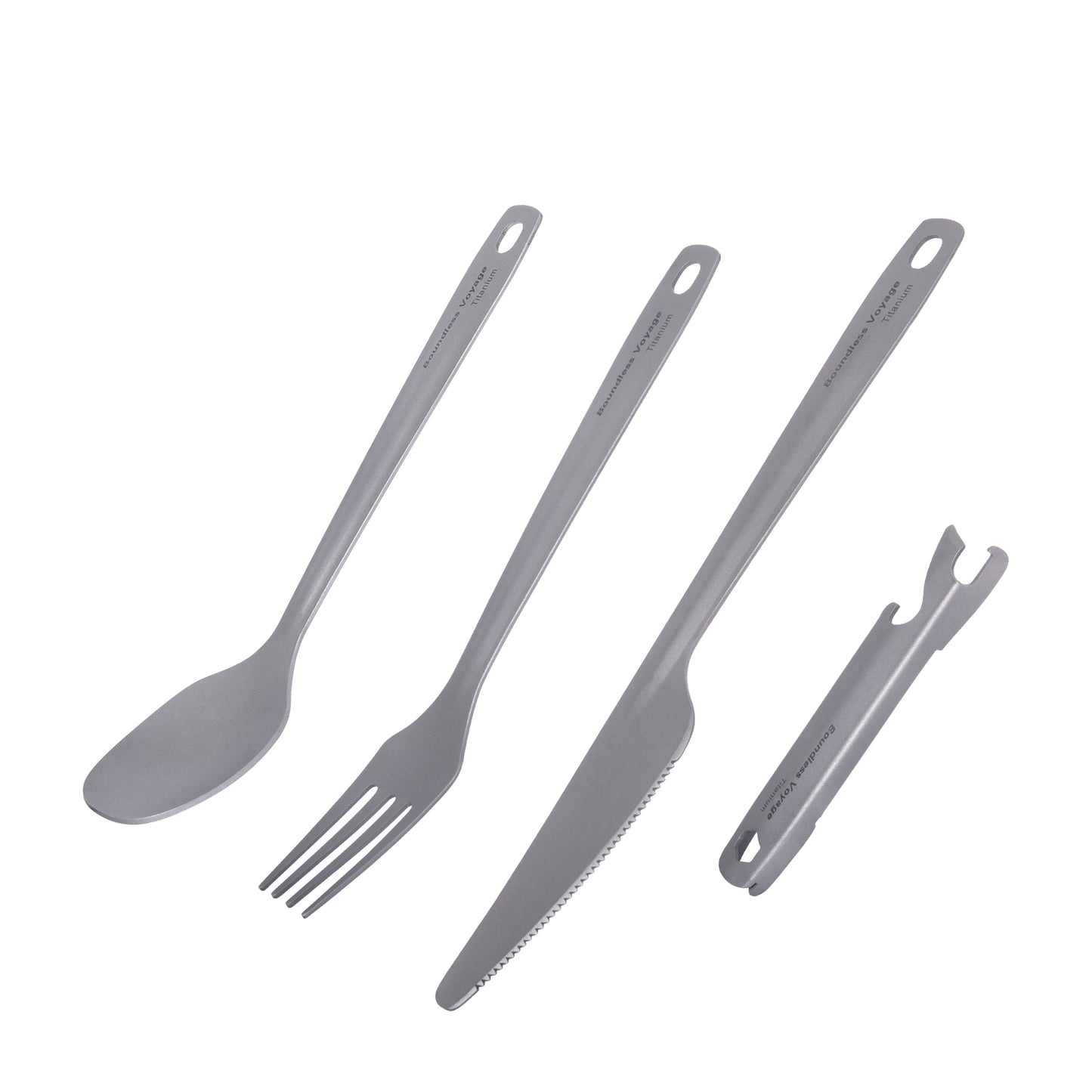 Boundless Voyage TA1 Titanium 4-in-1 Ultralight Cutlery Set – Compact Fork, Spoon, Knife & Bottle Opener for Home, Camping & Outdoor Travel