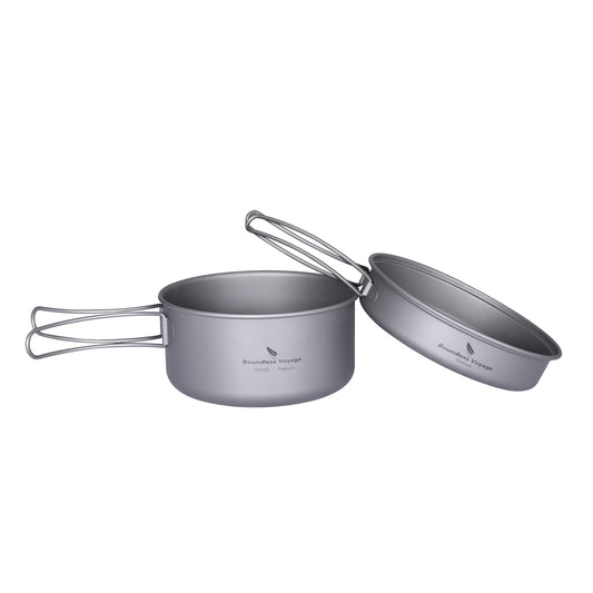 Boundless Voyage TA1 Titanium Pot & Pan Set 500ml + 1000ml with Lid – Ultralight Camping Cookware with Folding Handles for Hiking, Picnic & Outdoor Cooking