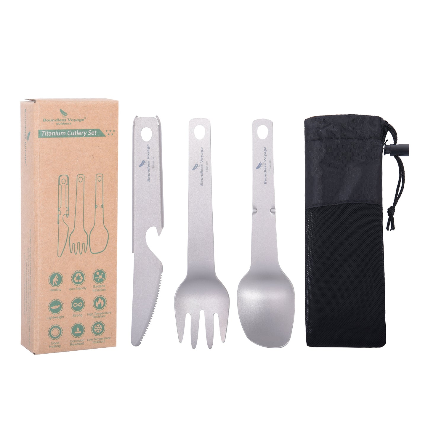 Boundless Voyage Titanium Cutlery Set – Ultralight Camping Knife Fork Spoon Set with Bottle Opener for Travel & Outdoor Use