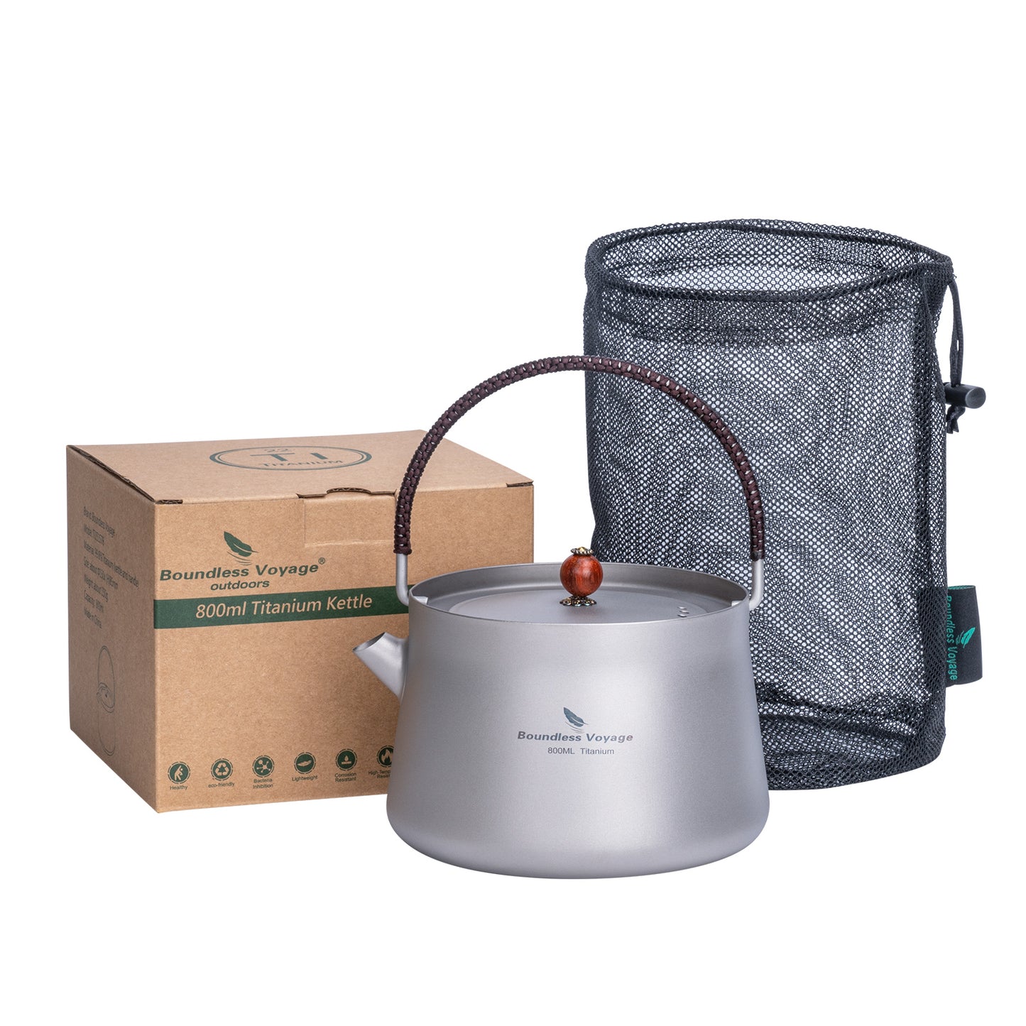 Boundless Voyage 800ml Titanium Camping Kettle with Filter – Ultralight TA1 Teapot & Coffee Pot with Folding Handle for Hiking, Backpacking & Outdoor Brewing