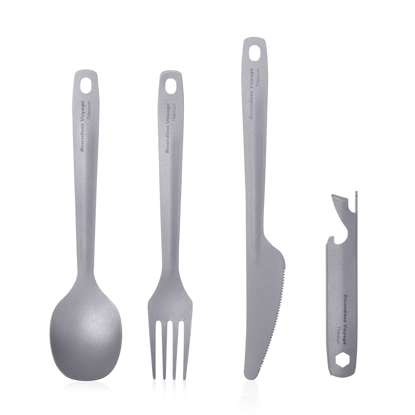 Boundless Voyage TA1 Titanium 4-in-1 Ultralight Cutlery Set – Compact Fork, Spoon, Knife & Bottle Opener for Home, Camping & Outdoor Travel