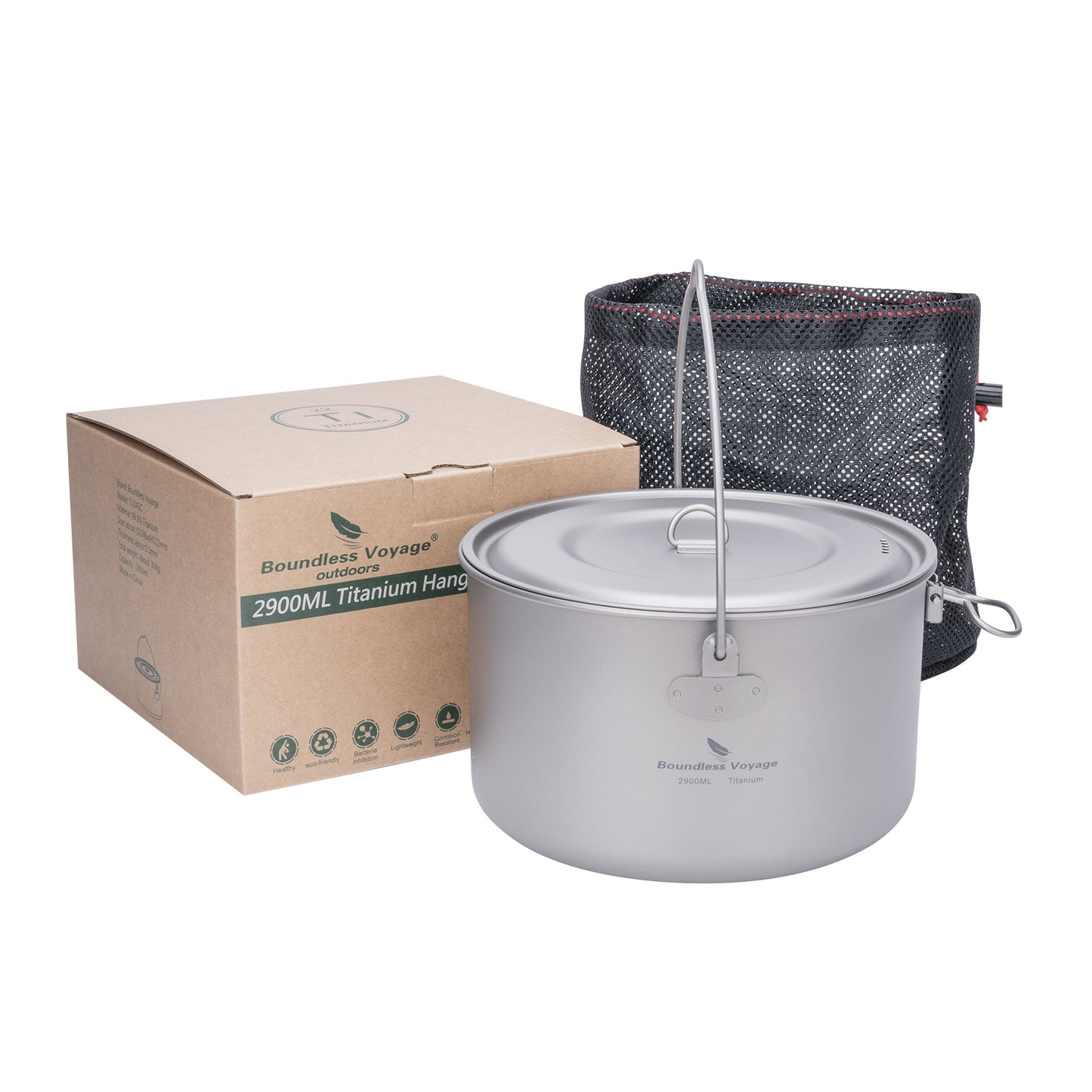 Boundless Voyage 2900ml TA1 Titanium Hanging Pot – Ultralight Large-Capacity Cooking Pot for Camping, Backpacking & Outdoor Bushcraft