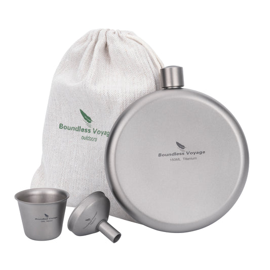Boundless Voyage 150ml Titanium Hip Flask Set with Funnel & Shot Cup – Ultralight TA1 Titanium Whiskey Flask, Leakproof Pocket Liquor Bottle for Camping, Travel & Gifts