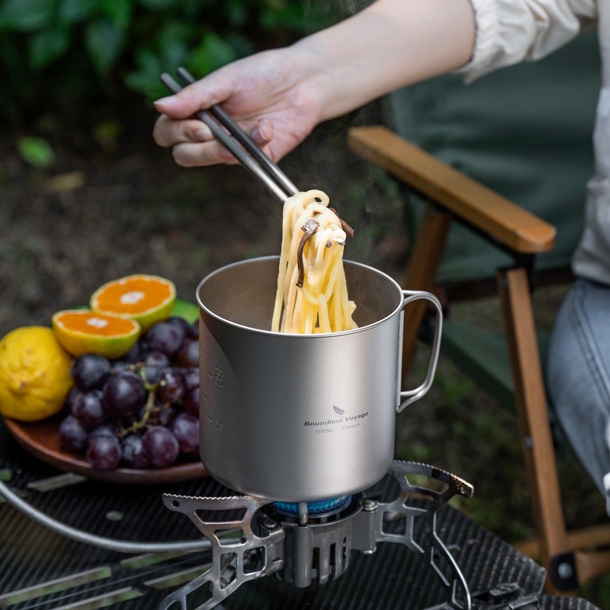 Boundless Voyage Titanium Pot & Pan Set with Folding Handles – Ultralight Camping Cookware Mess Kit for Hiking, Picnic & Outdoor Tableware