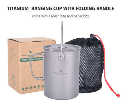 Boundless Voyage Titanium 900ml Camping Mug Pot – Ultralight Hanging Cup with Folding Handle for Hiking, Backpacking, Outdoor Cooking
