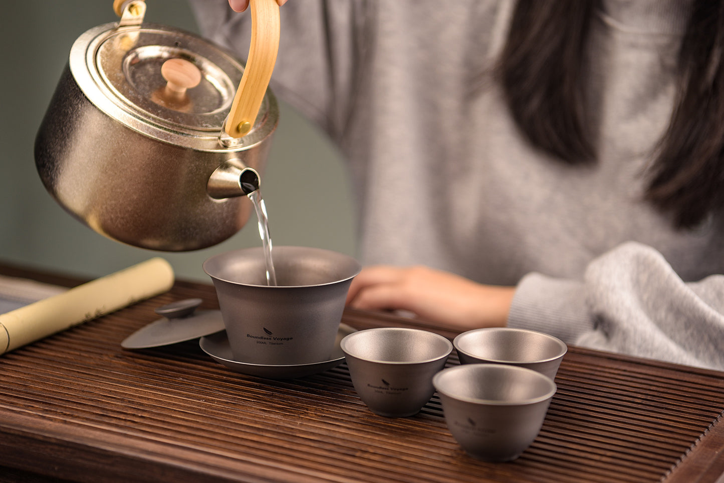 Boundless Voyage Titanium Gaiwan Kung Fu Tea Cup and Saucer with Lid Chinese Traditional Gaiwan Double Walled Durable Tea Bowl Teacup with Cover Lightweight Tea Set Outdoor Camping Portable Tureen