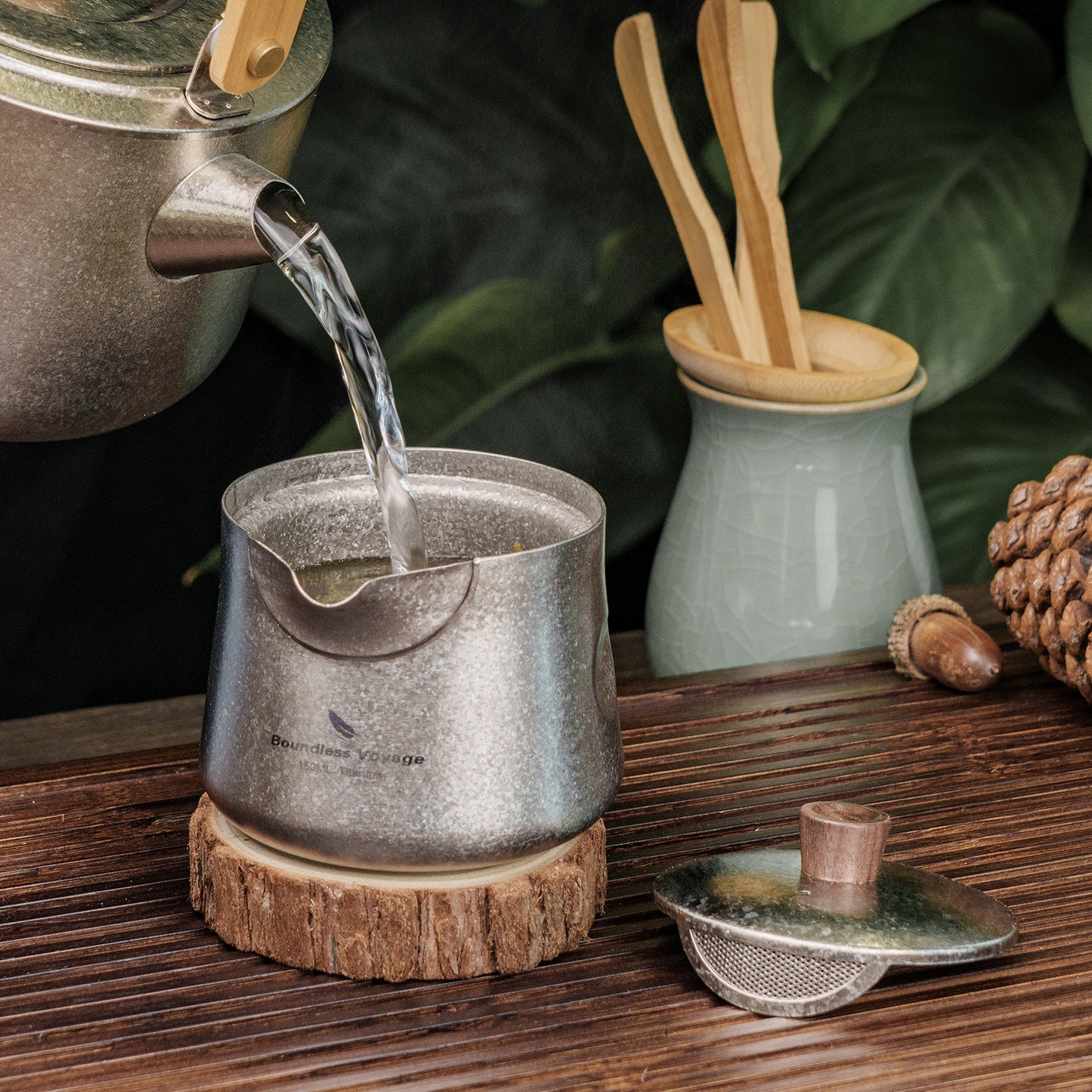 Boundless Voyage Titanium Double-Layer Tea Maker Cups Set Outdoor Camping Portable Tea Pot Tea Mug