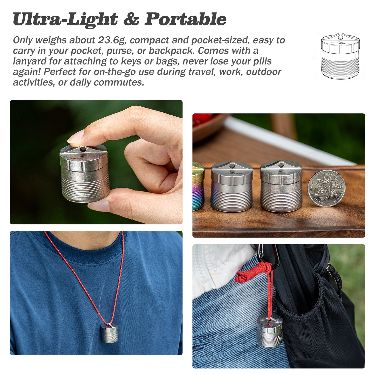 Boundless Voyage Titanium Pill Container – Waterproof Airtight Pill Box with Lanyard for Travel, EDC & Daily Use