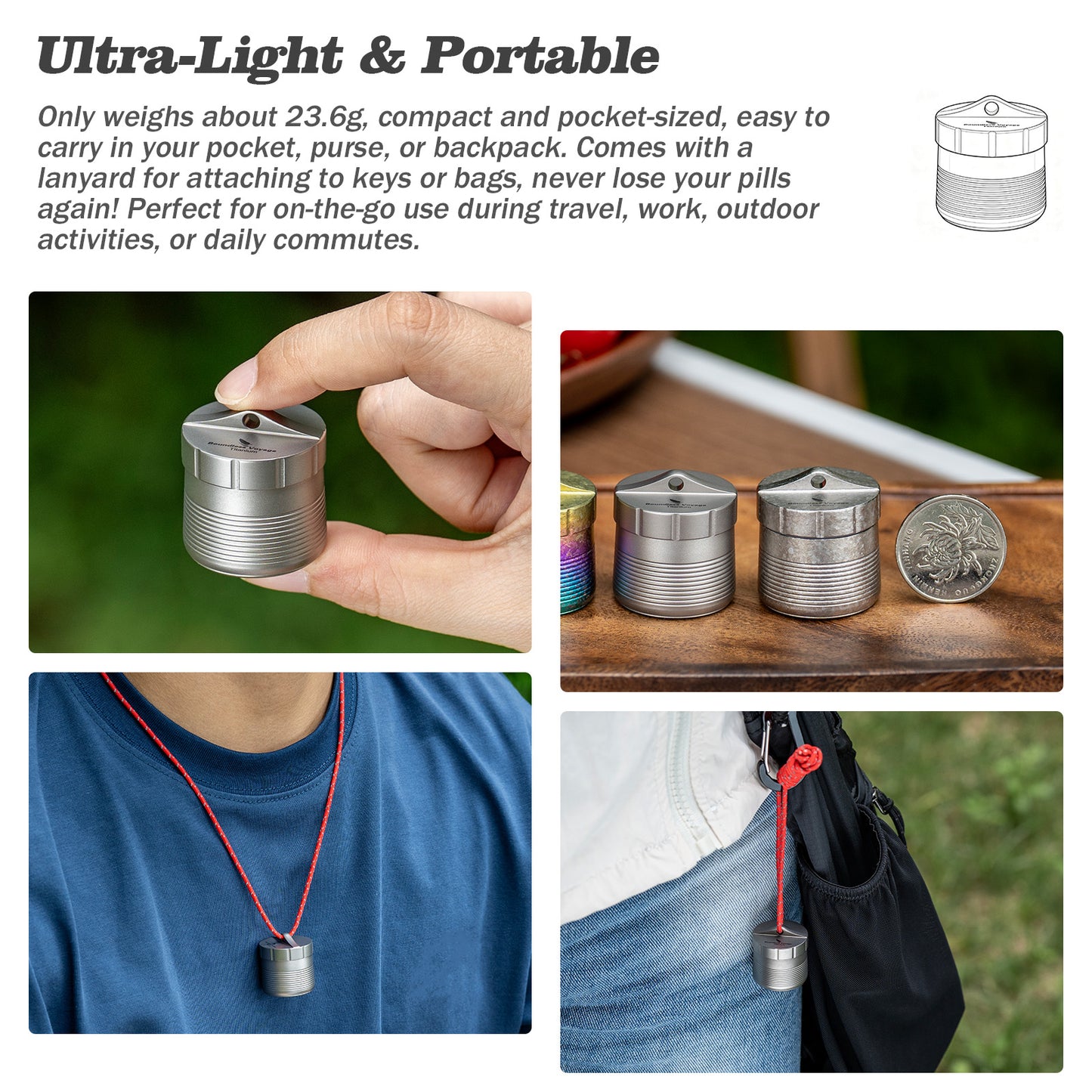 Boundless Voyage Titanium Pill Container – Waterproof Airtight Pill Box with Lanyard for Travel, EDC & Daily Use