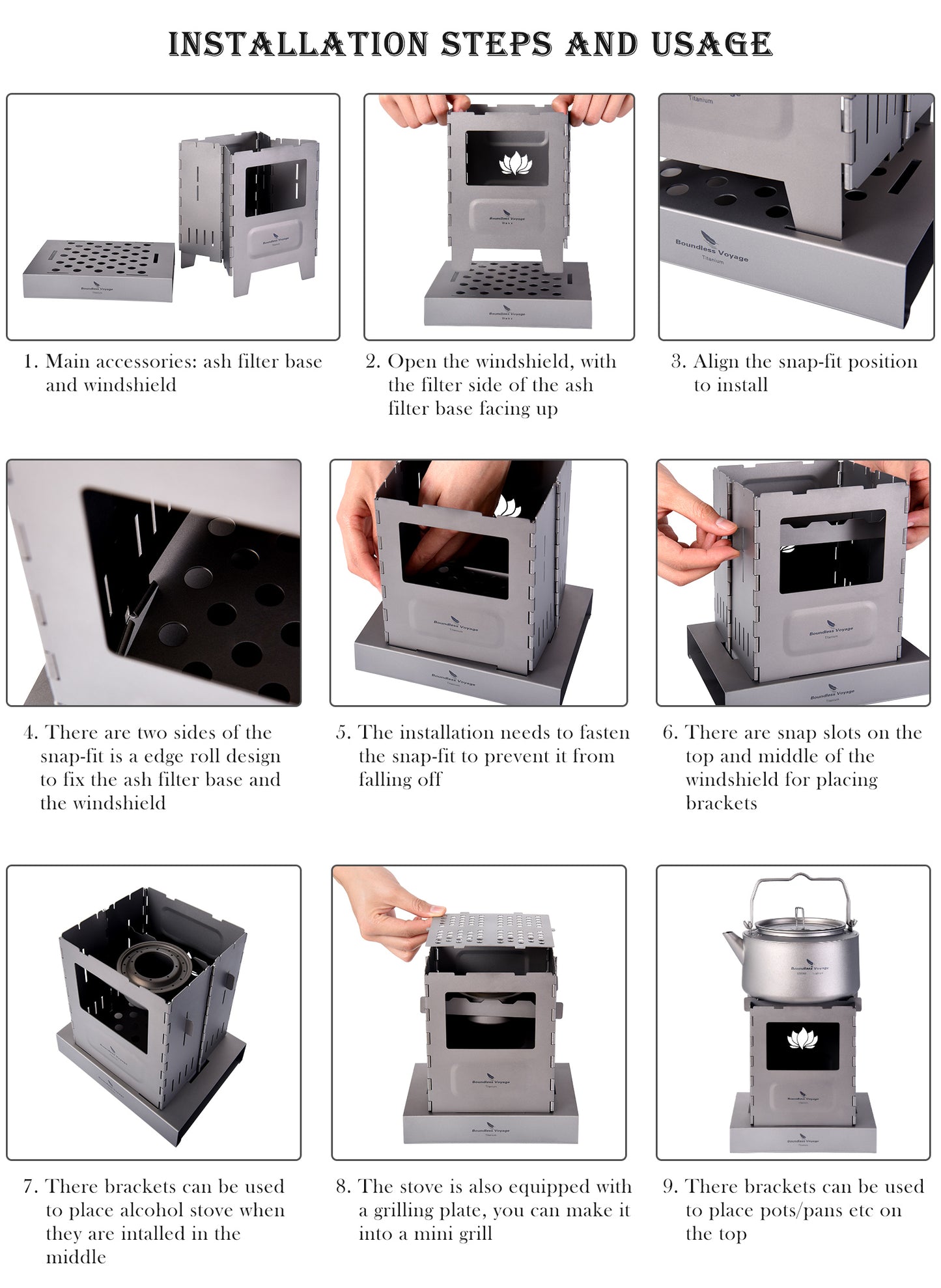 Boundless Voyage Titanium Folding Wood Stove – Ultralight Camping Charcoal Burner with Pot Stand