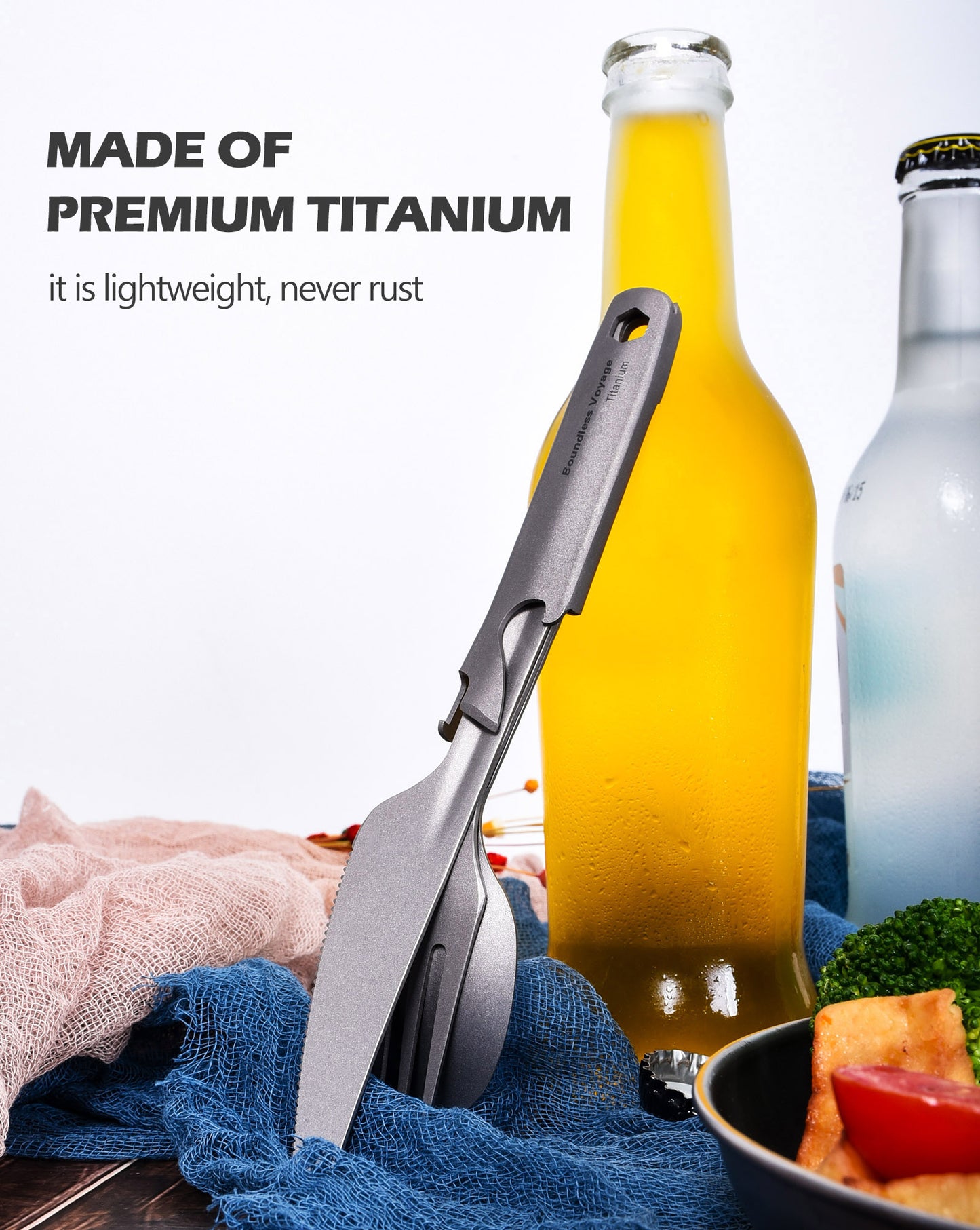 Boundless Voyage TA1 Titanium 4-in-1 Ultralight Cutlery Set – Compact Fork, Spoon, Knife & Bottle Opener for Home, Camping & Outdoor Travel