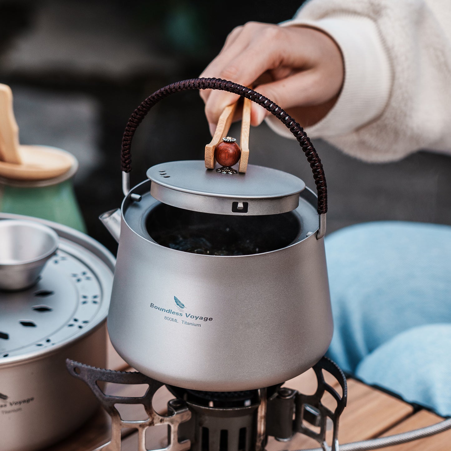 Boundless Voyage 800ml Titanium Camping Kettle with Filter – Ultralight TA1 Teapot & Coffee Pot with Folding Handle for Hiking, Backpacking & Outdoor Brewing