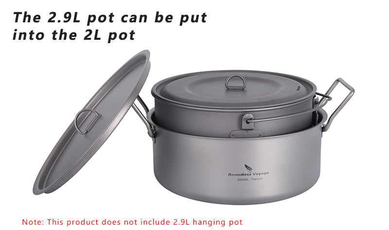 Boundless Voyage 2L TA1 Titanium Stock Pot with Lid – Ultralight Large-Capacity Camping Soup Pot with Folding Handle for Hiking & Outdoor Cooking