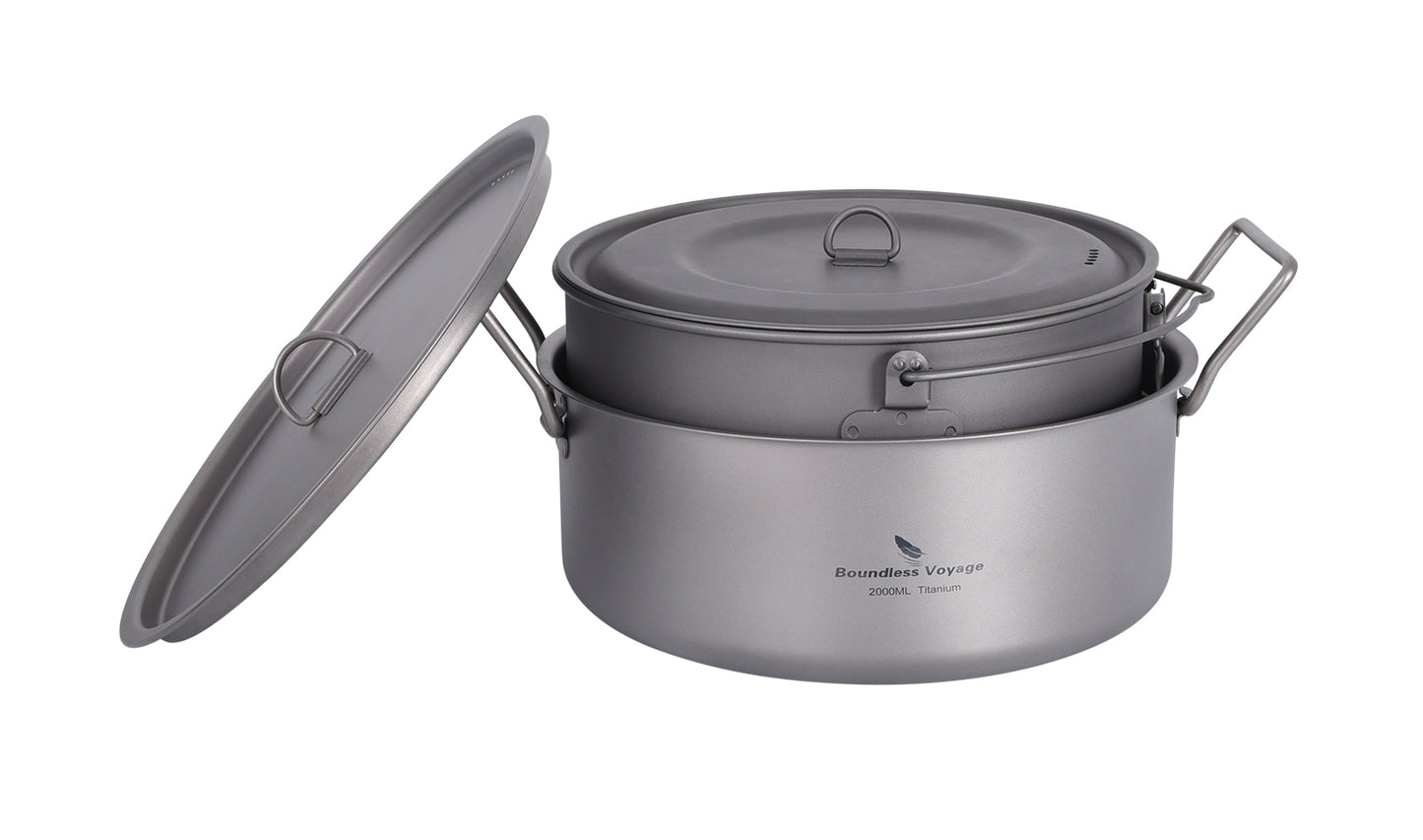Boundless Voyage 2L TA1 Titanium Stock Pot with Lid – Ultralight Large-Capacity Camping Soup Pot with Folding Handle for Hiking & Outdoor Cooking