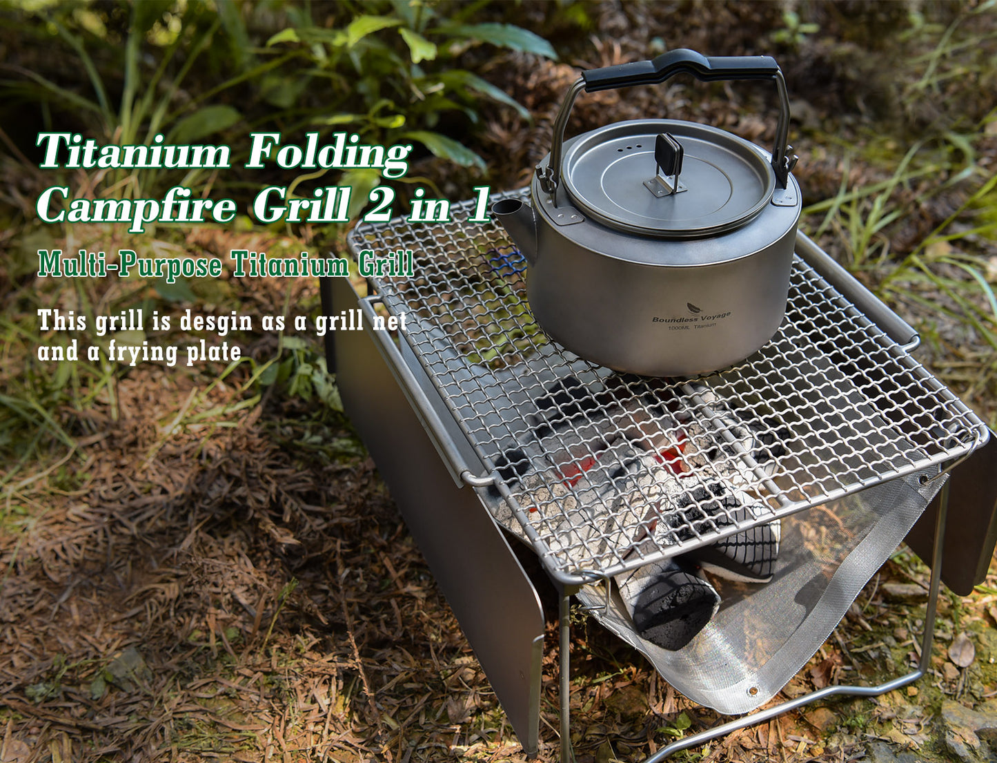 Boundless Voyage Titanium 2-in-1 Folding Campfire Grill – Portable Outdoor BBQ Table with Frying Plate & Collapsible Legs for Camping, Picnic & Backpacking
