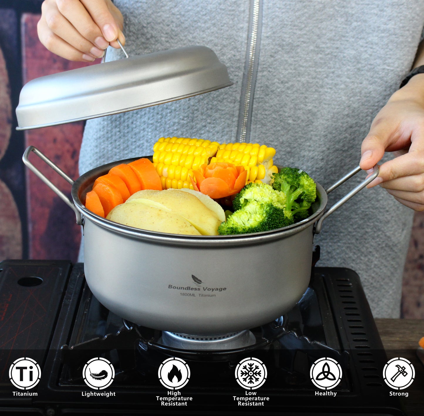 Boundless Voyage Titanium Steamer Pot Set with Lid – Ultralight Camping Stockpot & Steaming Kit, TA1 Titanium Outdoor Cookware for Backpacking, Hiking & Healthy Cooking