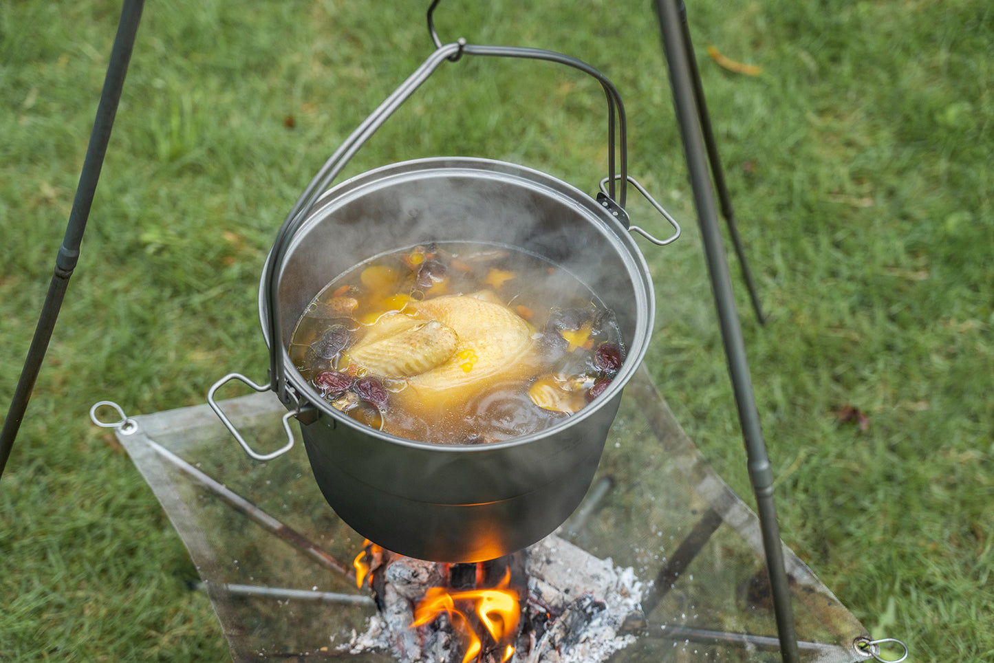 Boundless Voyage 3.8L Titanium Hanging Pot with Steamer Rack – Ultralight Campfire Cooking Stockpot Set, Large Capacity Outdoor Cookware for Camping, Hiking & Group Cooking