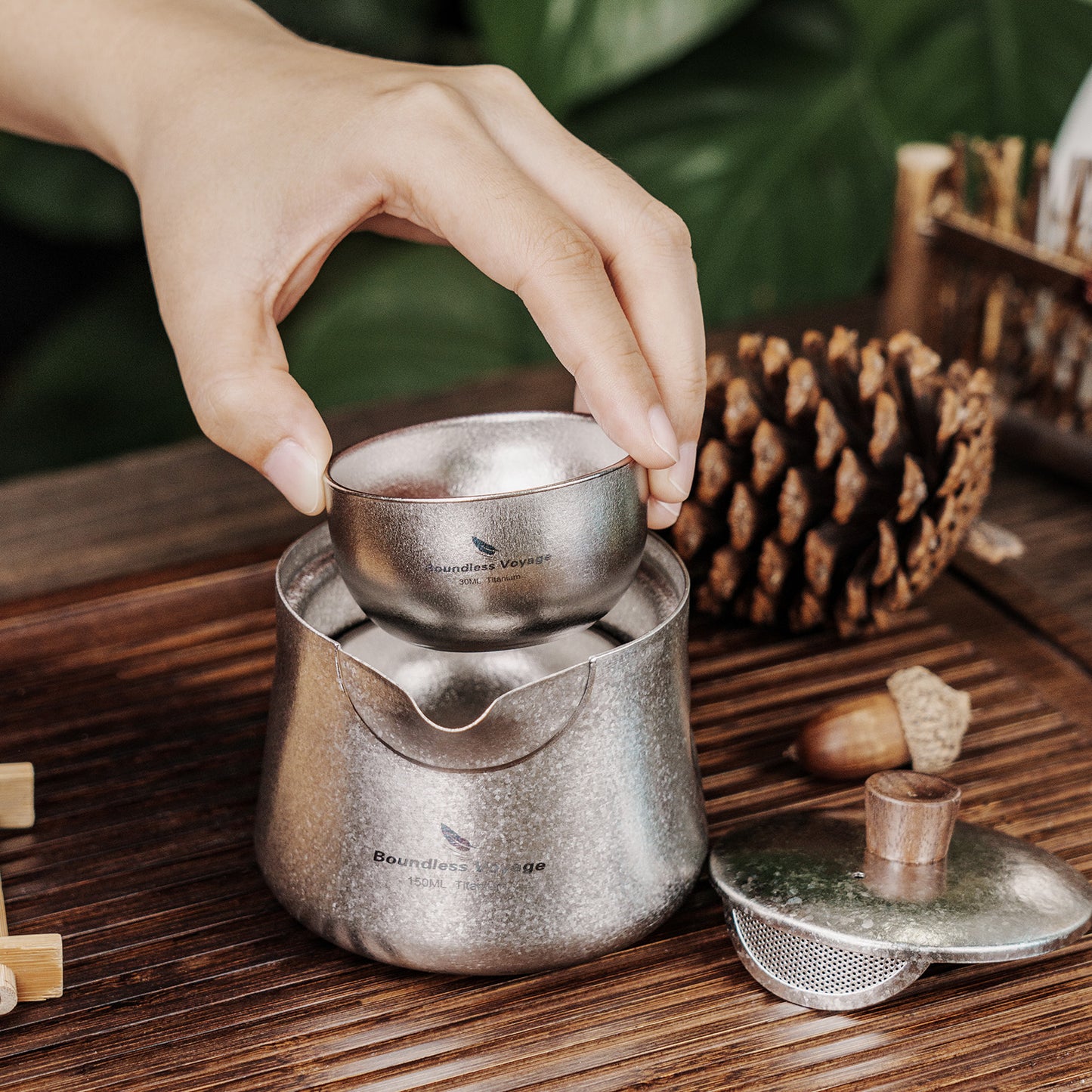 Boundless Voyage Titanium Double-Layer Tea Maker Cups Set Outdoor Camping Portable Tea Pot Tea Mug