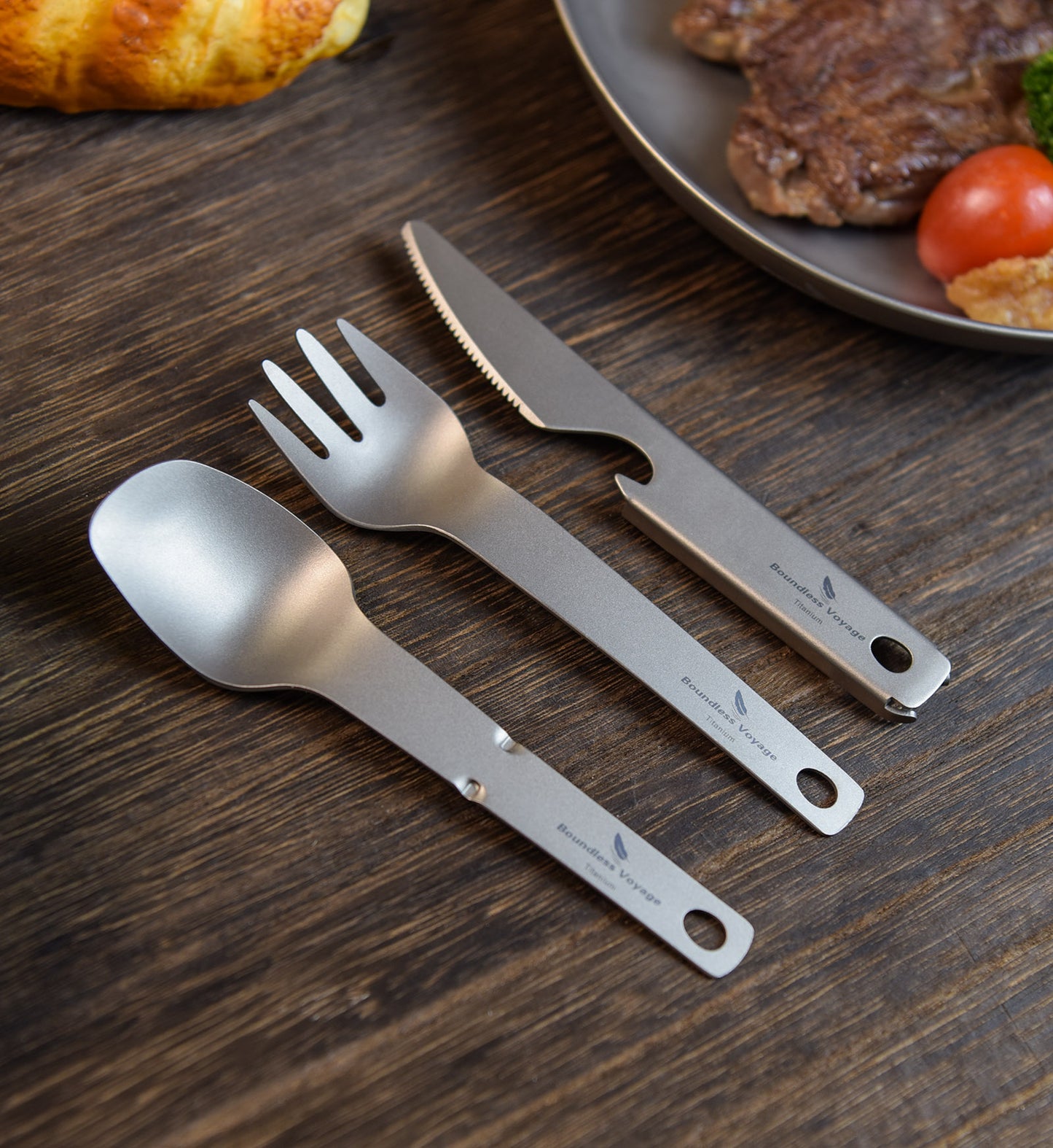 Boundless Voyage Titanium Cutlery Set – Ultralight Camping Knife Fork Spoon Set with Bottle Opener for Travel & Outdoor Use