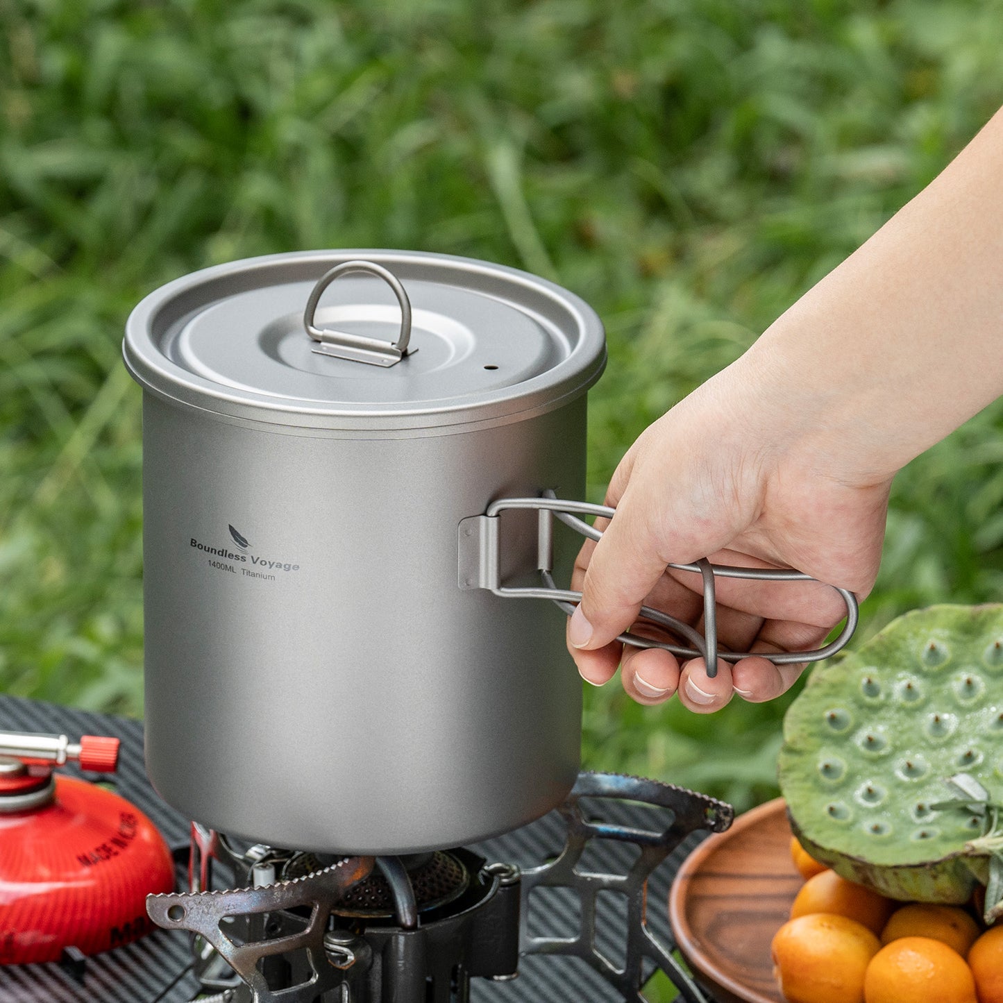 Boundless Voyage Titanium Camping Pot 1400ml Ultralight Backpacking Cookware with Folding Handle & Lid for Backpackers, Hikers & Outdoor Enthusiasts