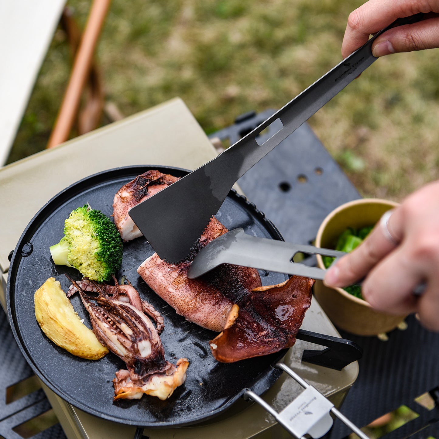 Boundless Voyage Titanium Alloy Tong, Spork，Shovel and Spatula All-In-One Utensil for Portable Lightweight Multi Utensil for Camping Kitchen Cookware Backpacking, Travel, Outdoor Cooking Eating