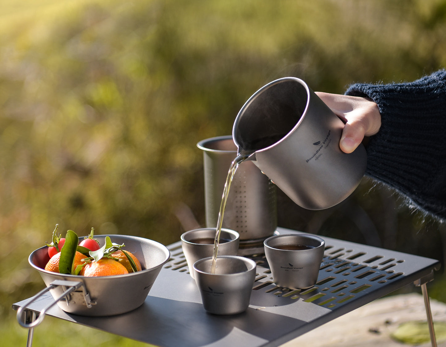Boundless Voyage 400ml Titanium Double-Layer Tea Set | Insulated Teapot with 4pcs 40ml Anti-Scald Cups | Lightweight 168g Travel Tea Maker for Camping