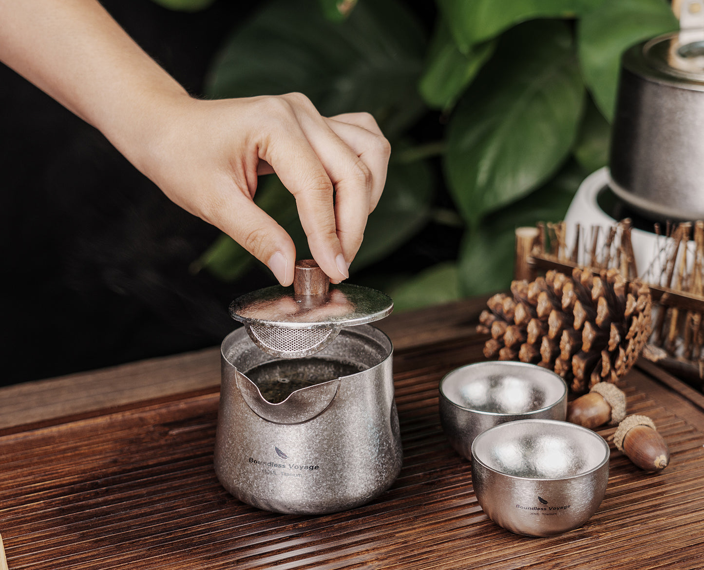 Boundless Voyage 150ml Titanium Double-Layer Tea Set | 109g Ultralight Mini Teapot & 30ml Cup | Insulated Anti-Scald Travel Tea Maker for Camping