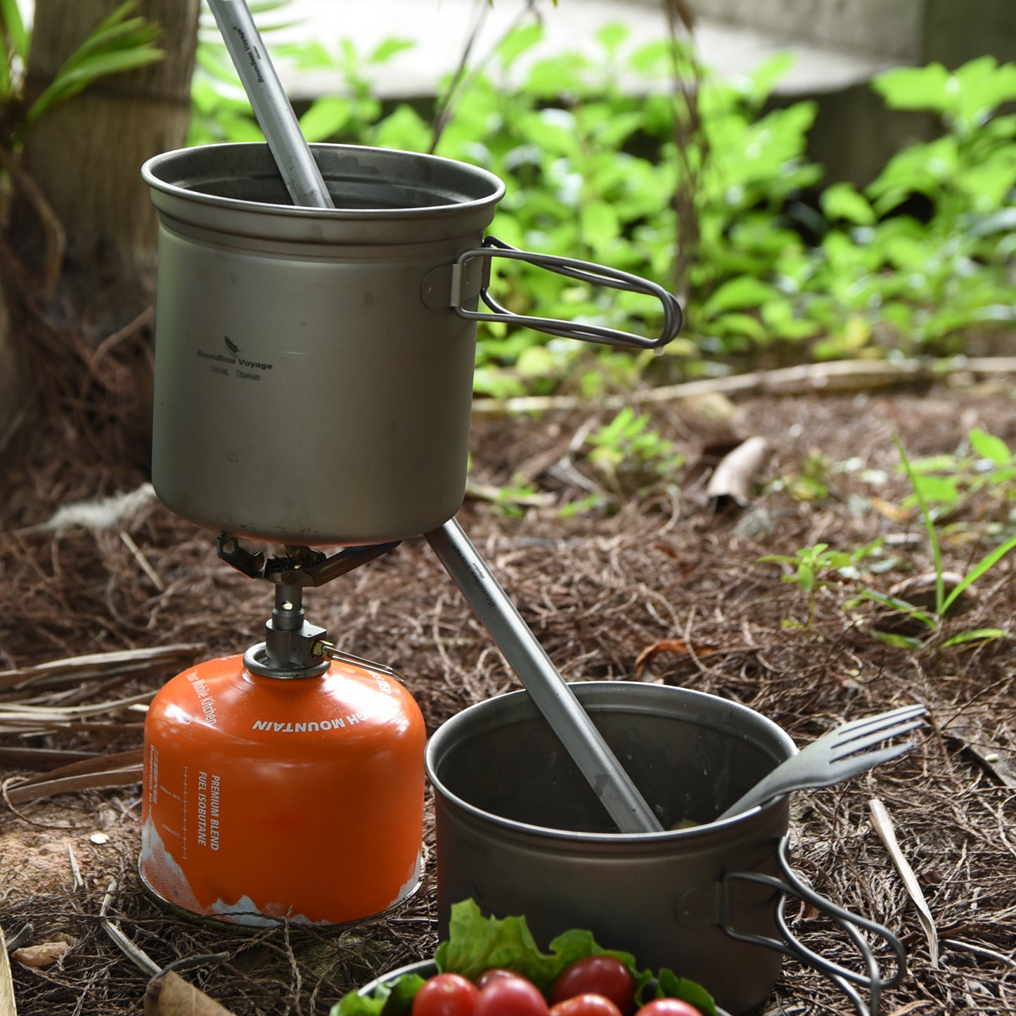 Boundless Voyage 2-Piece Titanium Pot & Pan Set | 900ml Pot + 500ml Lid/Bowl | Ultralight Nesting Cookware Kit with Folding Handles | Stove-Safe Mess Kit for Camping & Hiking