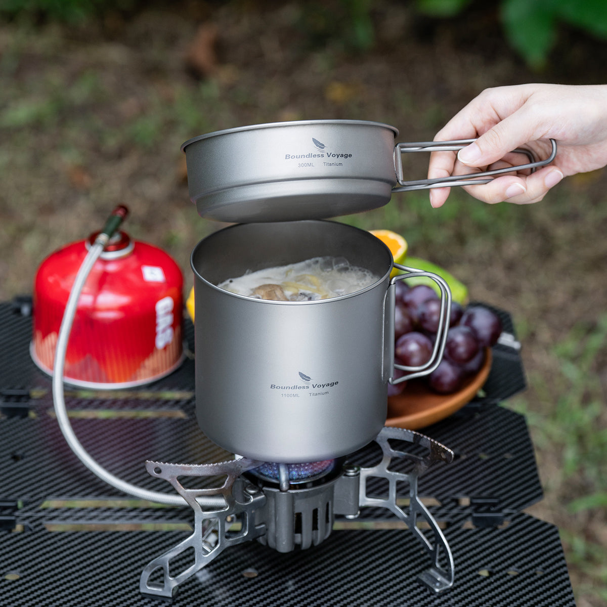 Boundless Voyage Titanium Pot & Pan Set with Folding Handles – Ultralight Camping Cookware Mess Kit for Hiking, Picnic & Outdoor Tableware