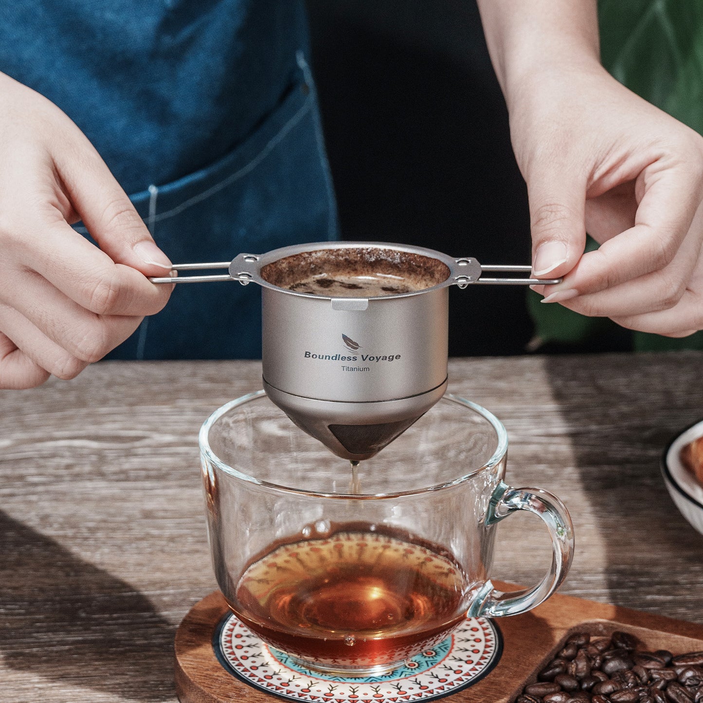 Boundless Voyage Titanium Pour Over Coffee Drip Filter – Ultralight Folding Reusable Filter for Mugs (6.5–12.5 cm)