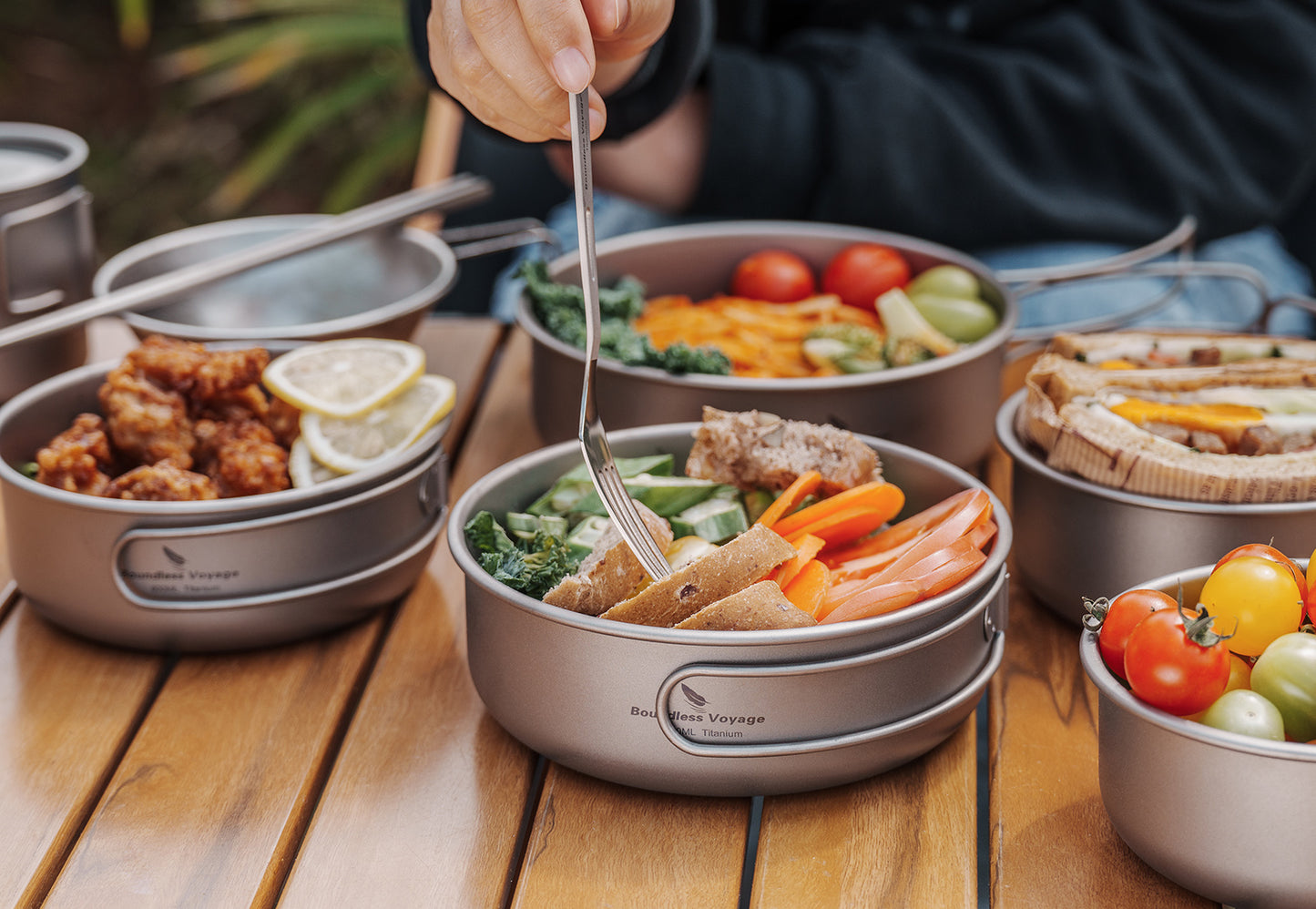 Boundless Voyage 5-Piece Titanium Bowl & Dish Set with Folding Handles – Ultralight Camping Tableware (350/500/600/700/800ml)