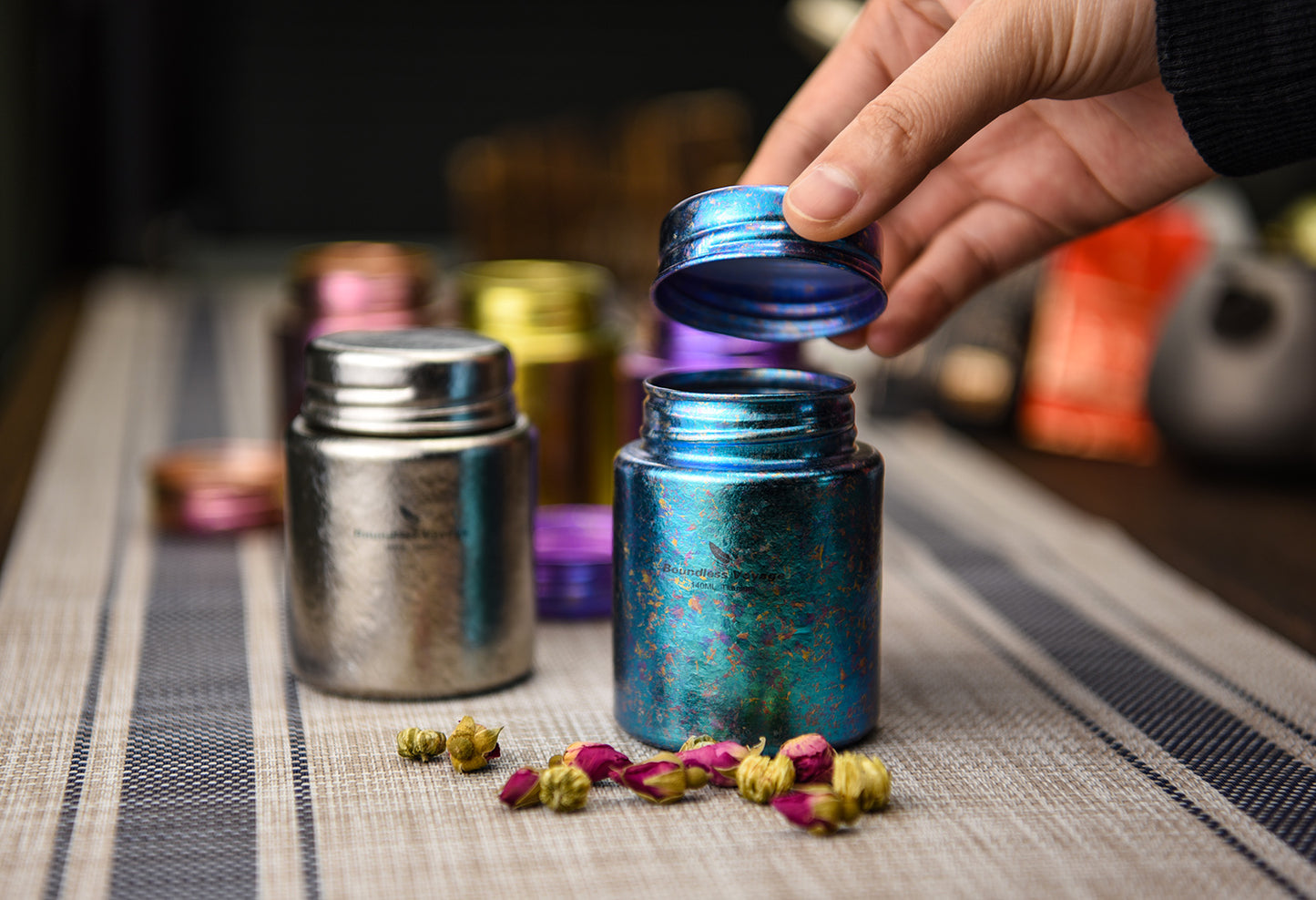 Boundless Voage Titanium Tea Canister Mini Tea Canister Ultralight Portable Tin Can Tea Coffee Spice Canister Colored Ice Flower Craft Tin Storage Container