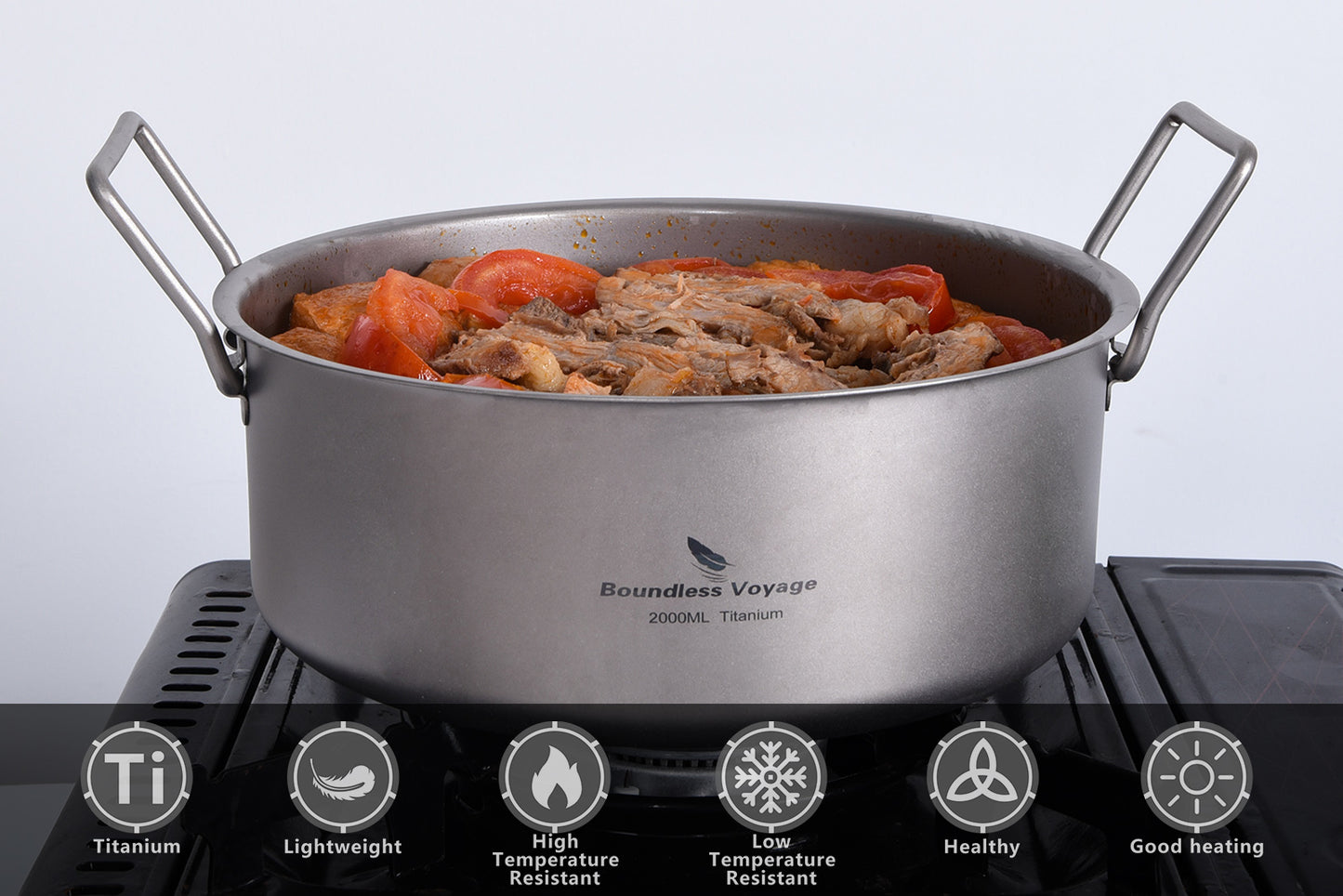 Boundless Voyage 2L TA1 Titanium Stock Pot with Lid – Ultralight Large-Capacity Camping Soup Pot with Folding Handle for Hiking & Outdoor Cooking