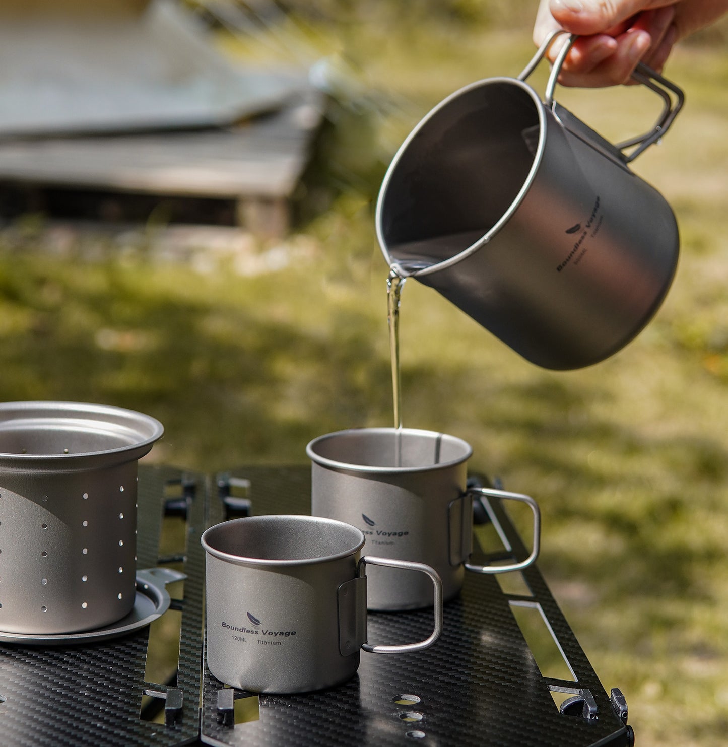 Boundless Voyage 500ml Titanium Pot with Lid & Filter – Ultralight Camping Mug with Foldable Handles for Hiking & Backpacking