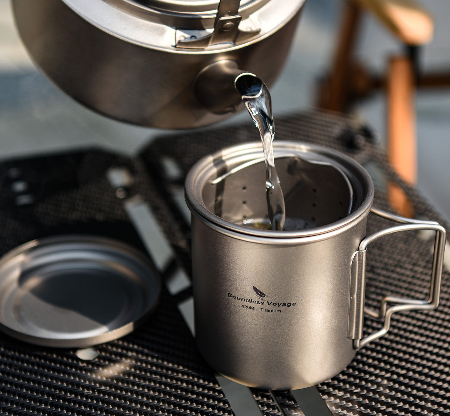 Boundless Voyage Titanium Mug with Tea Strainer 420ml/14.2 fl oz Portable Folding Handle Lightweight Tea Cup with Tea Filter Outdoor Camping Tea Maker