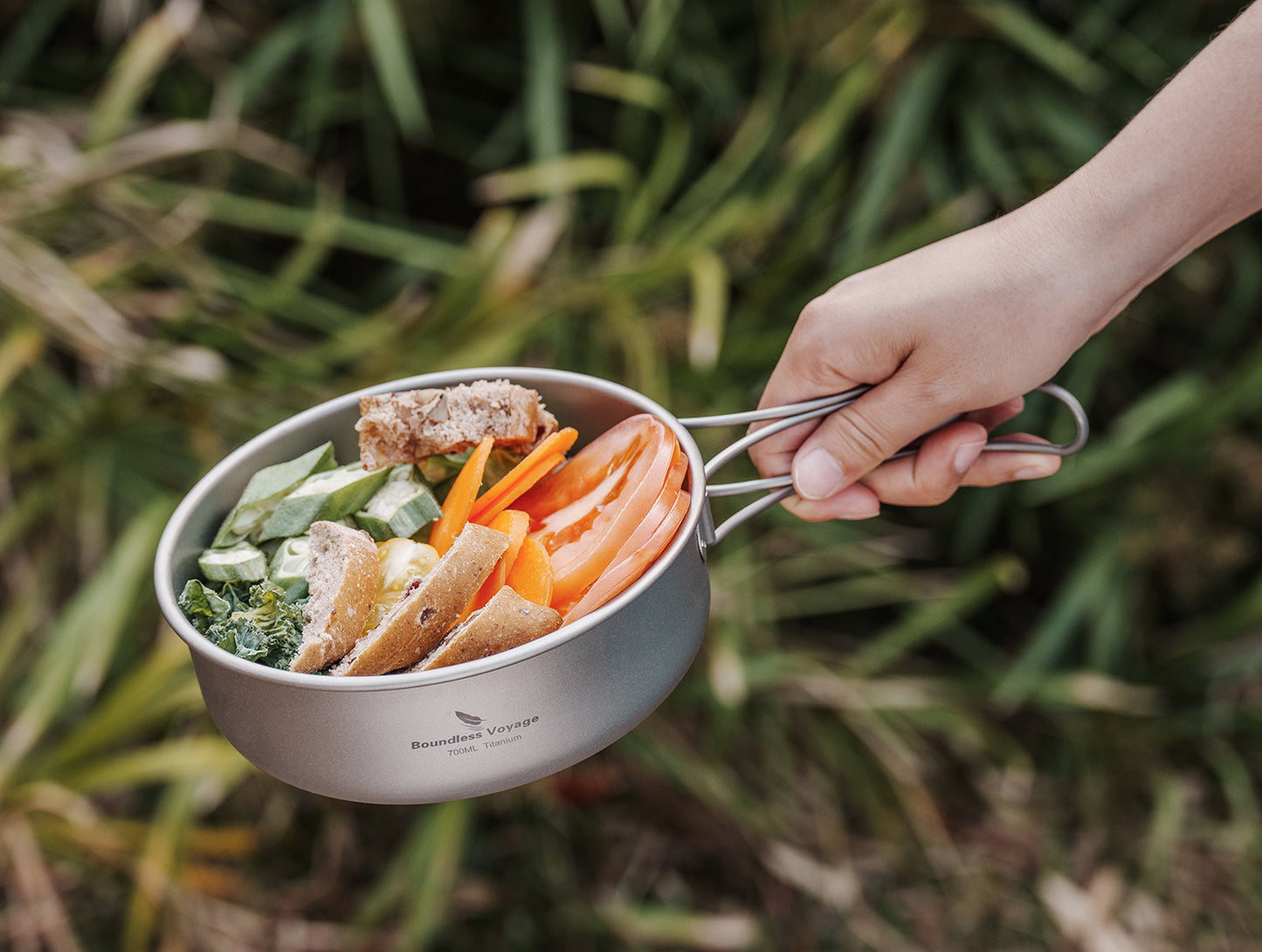 Boundless Voyage 5-Piece Titanium Bowl & Dish Set with Folding Handles – Ultralight Camping Tableware (350/500/600/700/800ml)