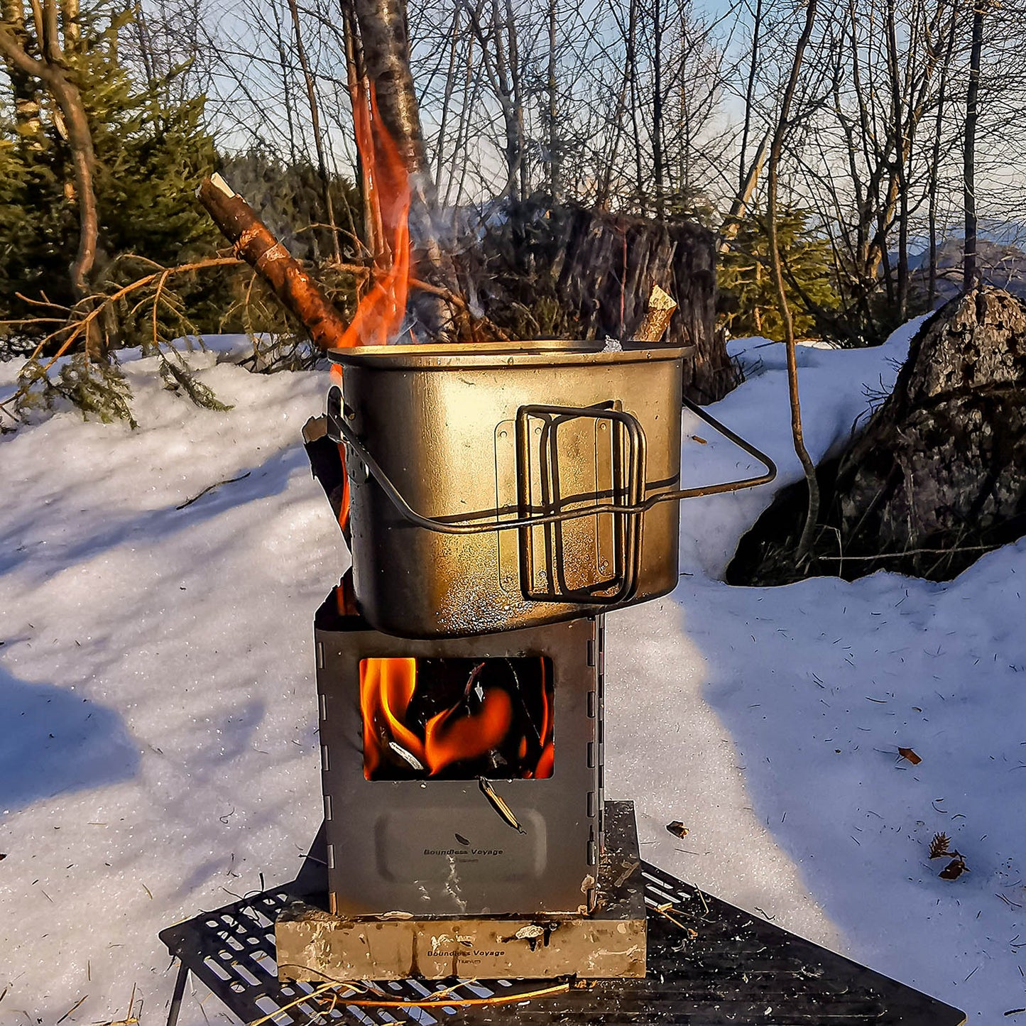 Boundless Voyage Titanium Folding Wood Stove – Ultralight Camping Charcoal Burner with Pot Stand