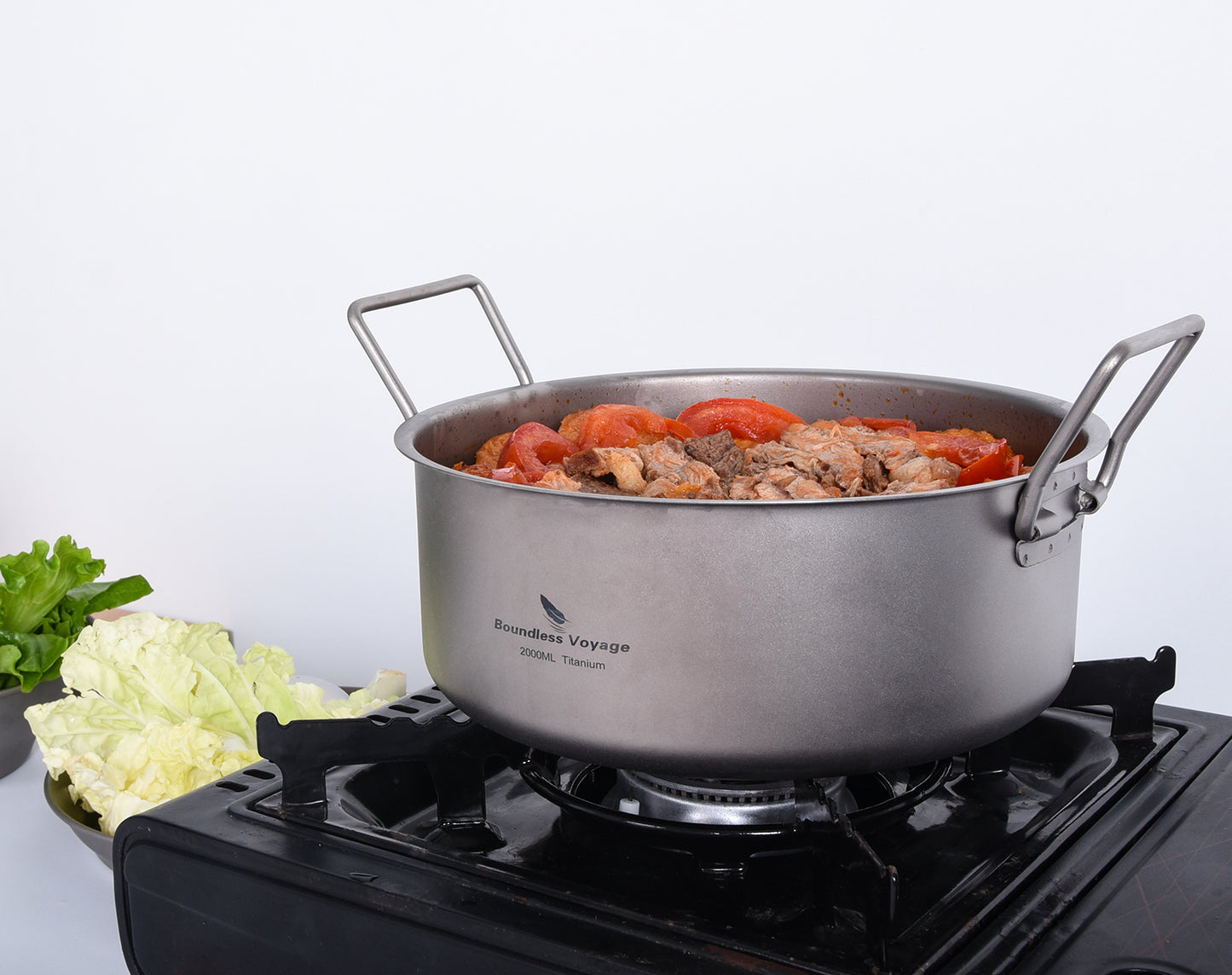 Boundless Voyage 2L TA1 Titanium Stock Pot with Lid – Ultralight Large-Capacity Camping Soup Pot with Folding Handle for Hiking & Outdoor Cooking