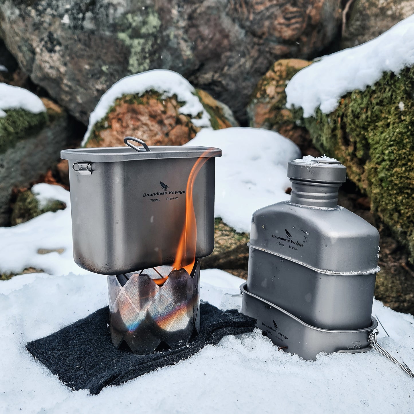 Boundless Voyage Titanium Military Canteen Cups Set Outdoor Camping Water Bottle Bowl Kettle Cooking Set Mess Kit