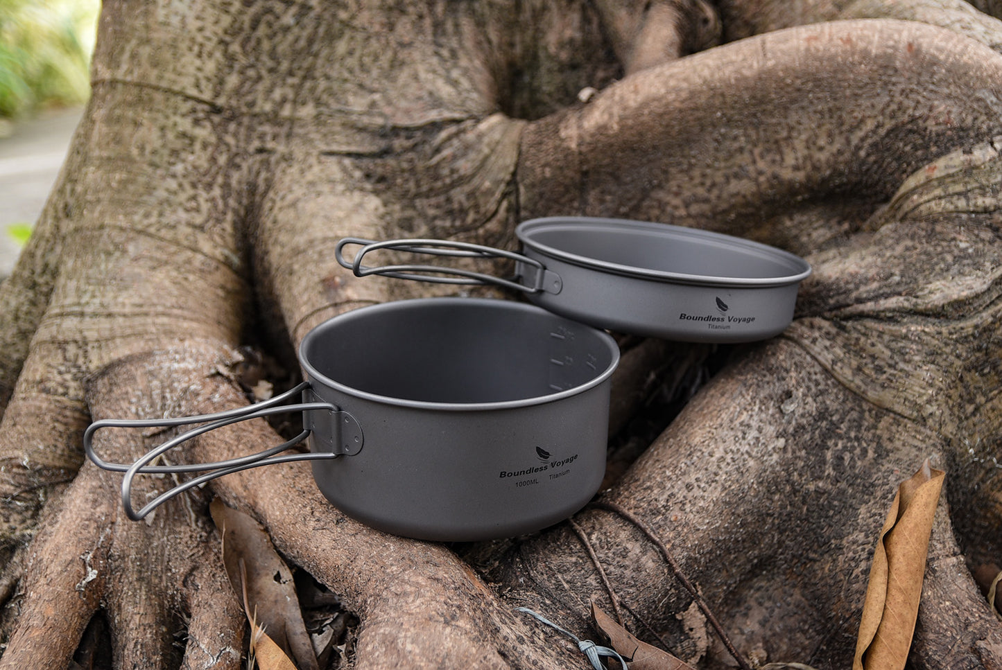 Boundless Voyage TA1 Titanium Pot & Pan Set 500ml + 1000ml with Lid – Ultralight Camping Cookware with Folding Handles for Hiking, Picnic & Outdoor Cooking