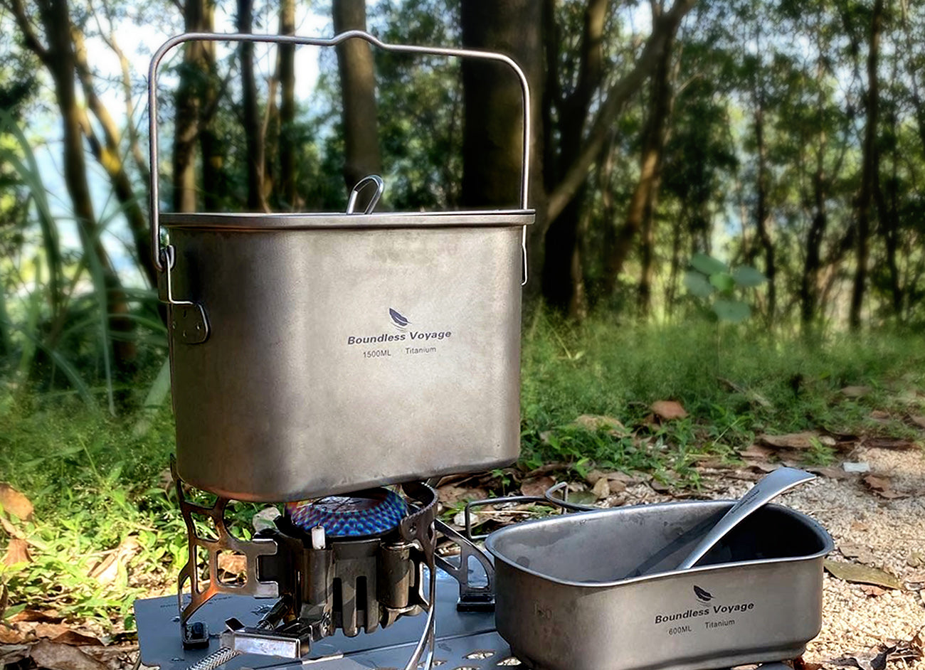 Boundless Voyage Titanium Hanging Pot & Cup Set – Ultralight Campfire Cooking Kit with Lid, TA1 Titanium Camping Cookware for Backpacking, Hiking & Outdoor Use
