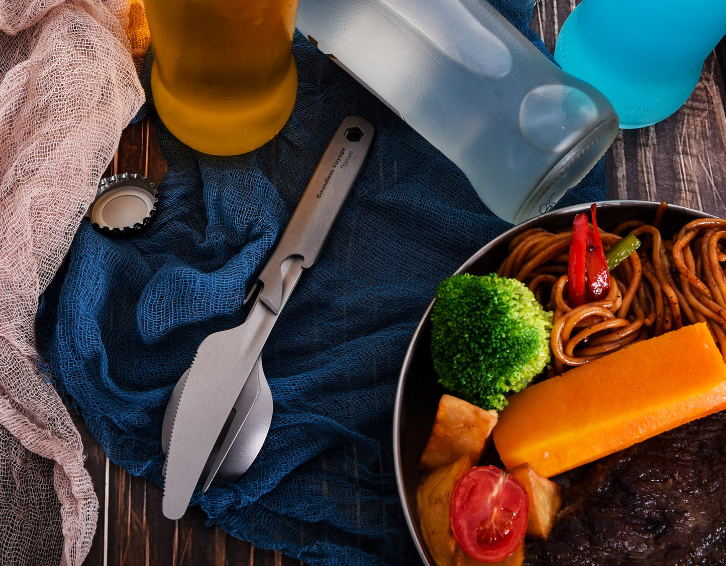 Boundless Voyage TA1 Titanium 4-in-1 Ultralight Cutlery Set – Compact Fork, Spoon, Knife & Bottle Opener for Home, Camping & Outdoor Travel