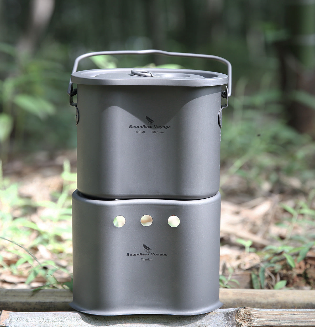 Boundless Voyage TA1 Titanium 2-in-1 Canteen Cup & Wood Stove Set – Ultralight Camping Pot with Folding Handle & Hanging Ring for Outdoor Cooking