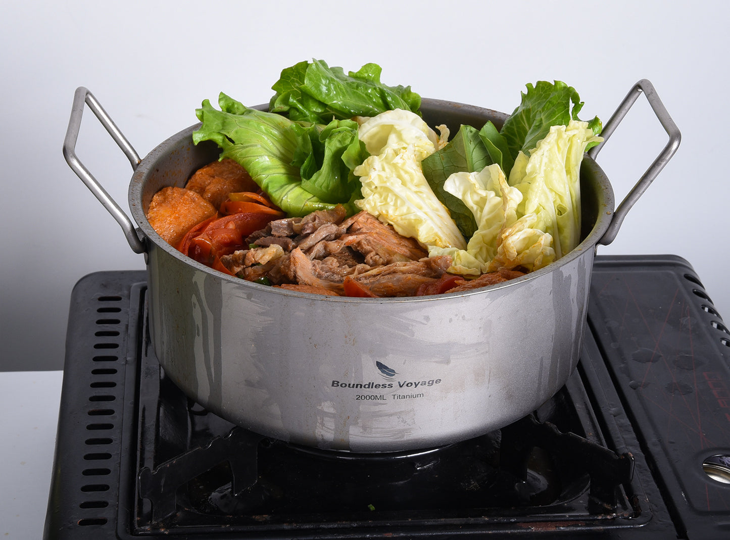 Boundless Voyage 2L TA1 Titanium Stock Pot with Lid – Ultralight Large-Capacity Camping Soup Pot with Folding Handle for Hiking & Outdoor Cooking