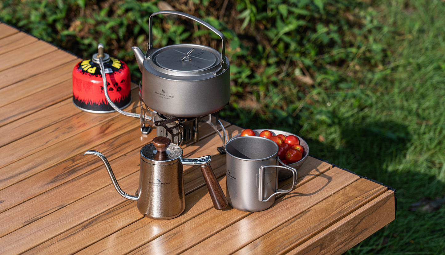Boundless Voyage 300ml Titanium Pour-Over Coffee Kettle – Ultralight with Beech Wood Handle for Home, Office & Camping