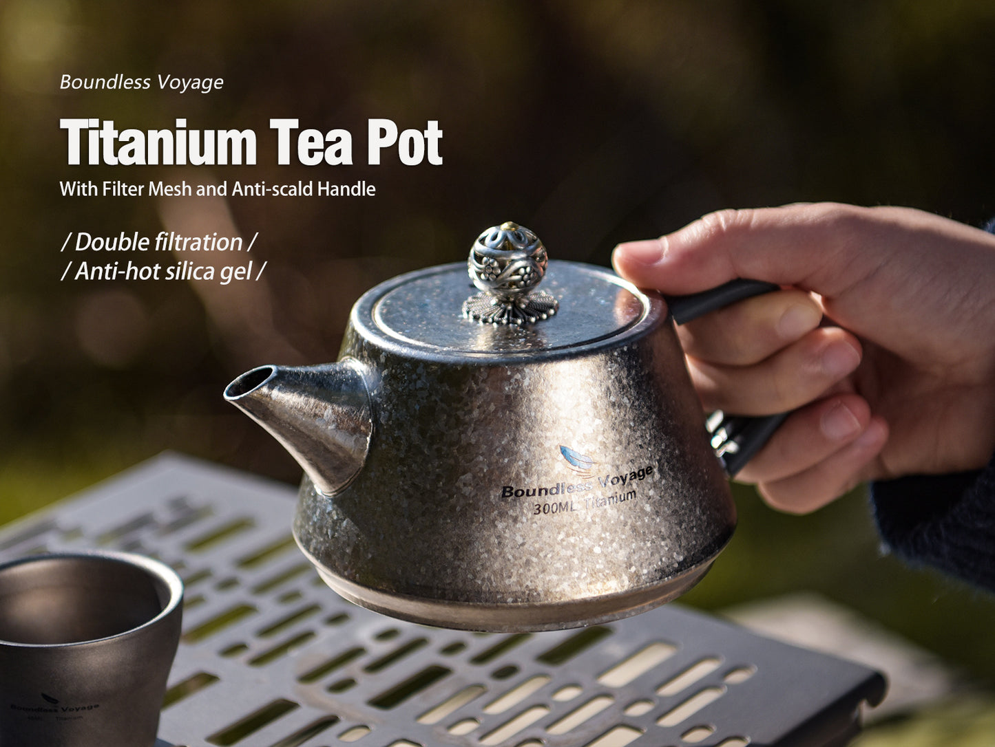 Boundless Voyage 300ml Ultralight Titanium Teapot | 114g Portable Side-Handle Tea Kettle with Filter Mesh | Camping, Hiking & Daily Use