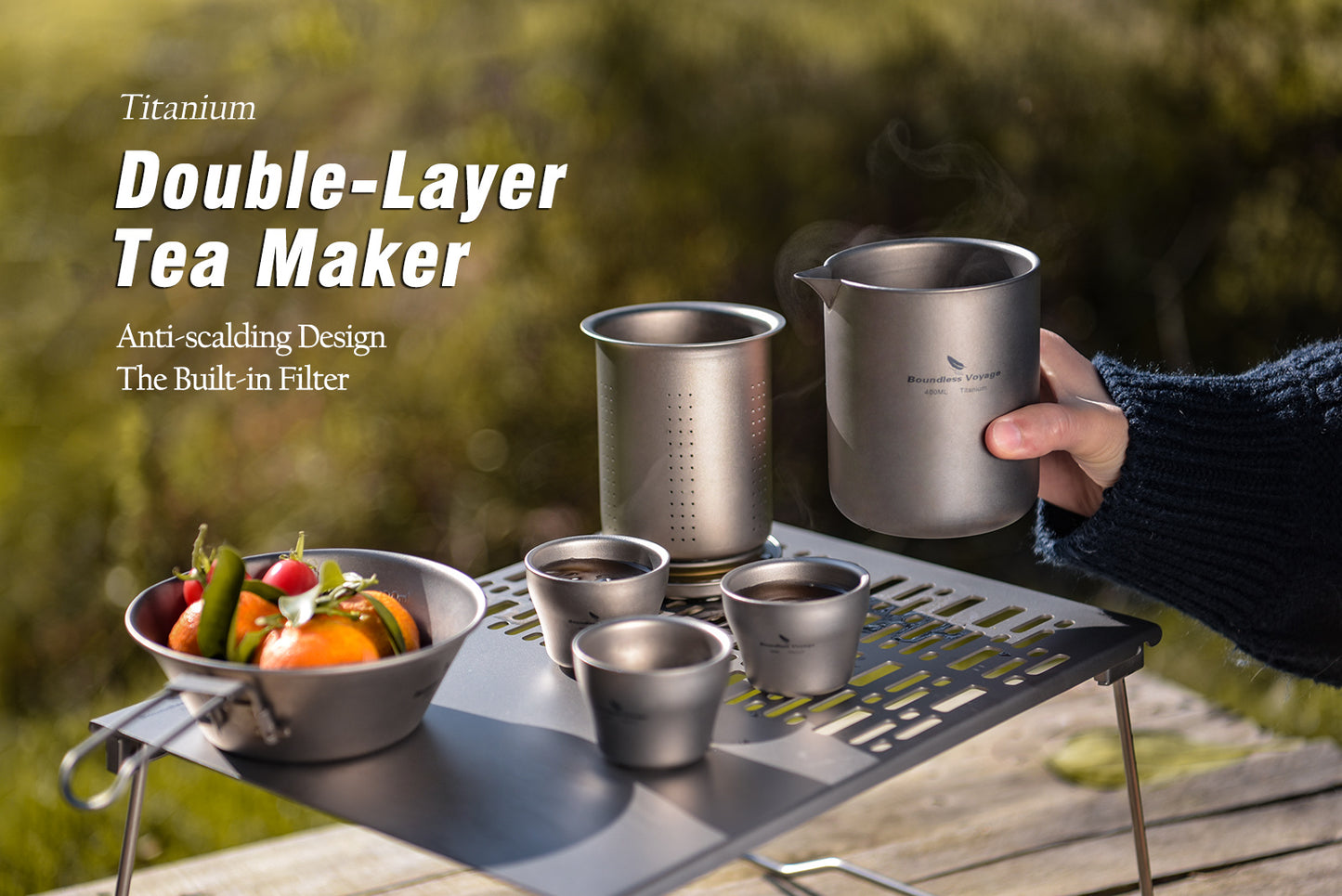 Boundless Voyage 400ml Titanium Double-Layer Tea Maker | Anti-Scald Insulated Teapot with Filter | Lightweight Double-Walled Tea Mug for Camping