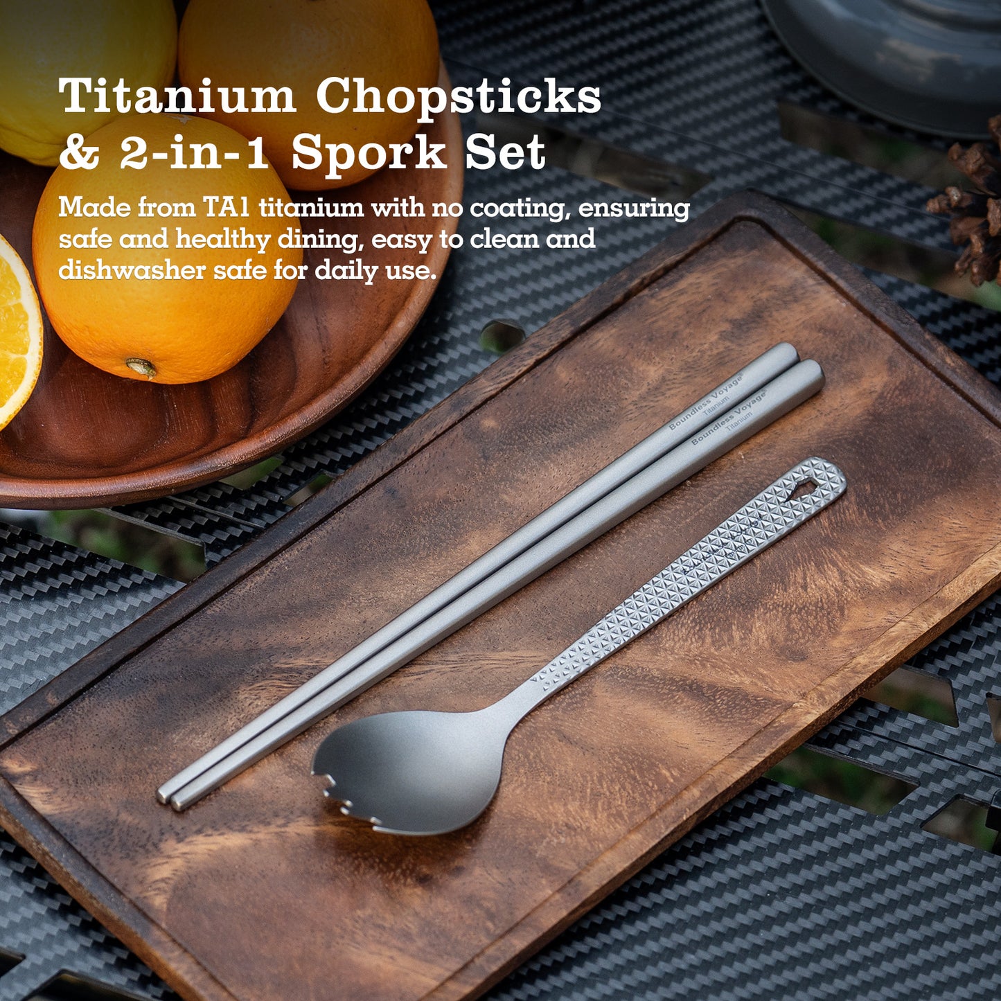 Boundless Voyage Titanium Chopsticks & 2-in-1 Spork Set Camping Cutlery Lightweight Travel Utensils Portable Outdoor Hiking Backpacking Faltware, Dishwasher Safe, No Coating with Storage Bag